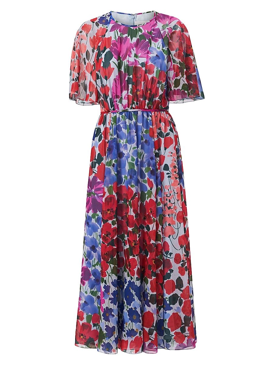 Women's Floral Gathered Midi-Dress - Celeste Multi - Size 12