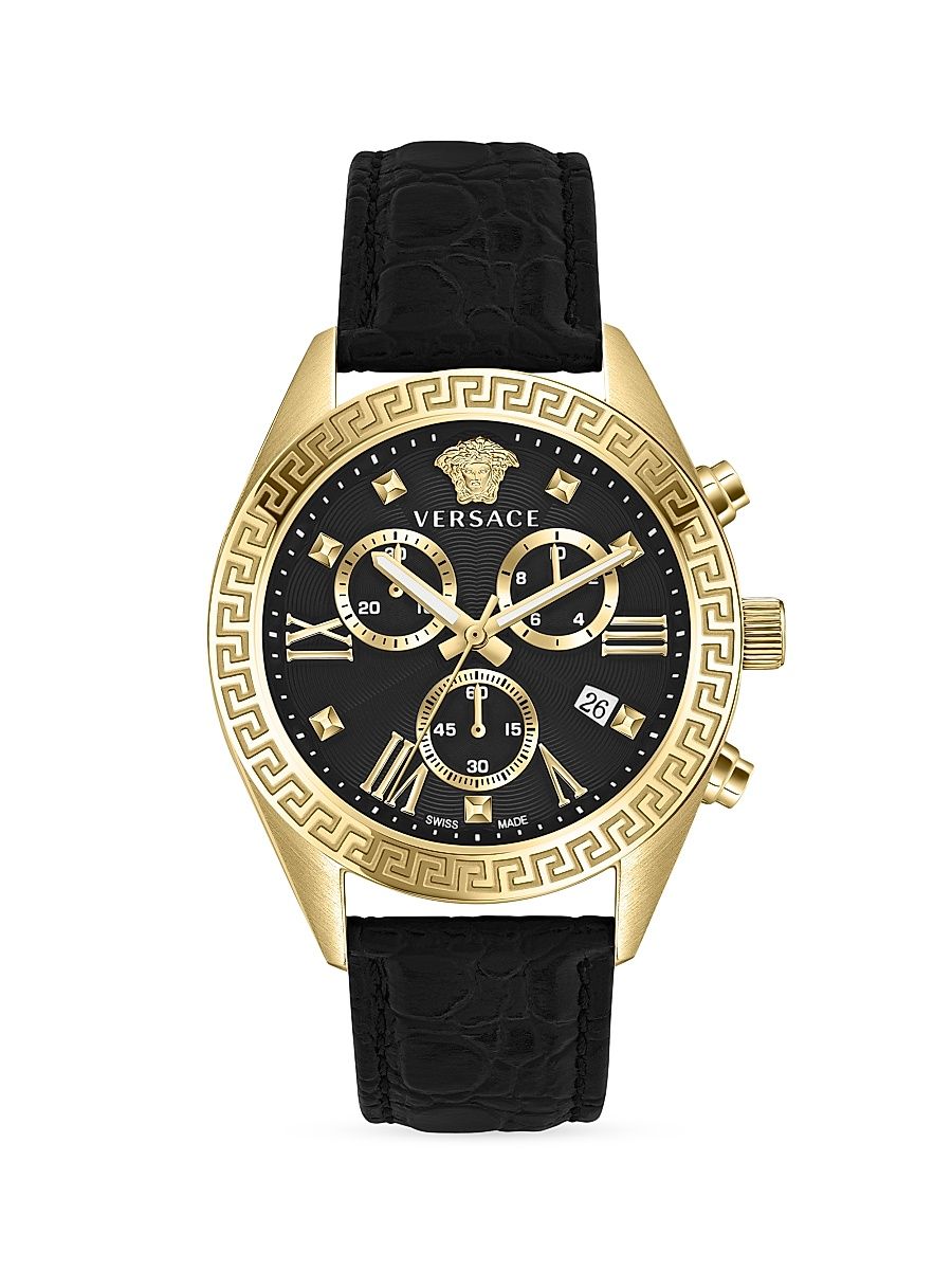 Women's Greca Chrono Goldtone Stainless Steel & Leather Watch - Black Gold