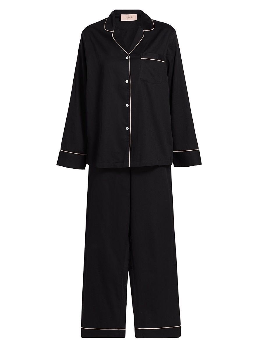 Women's Zoe Camp Collar Cotton-Sateen Pajamas - Black - Size XL