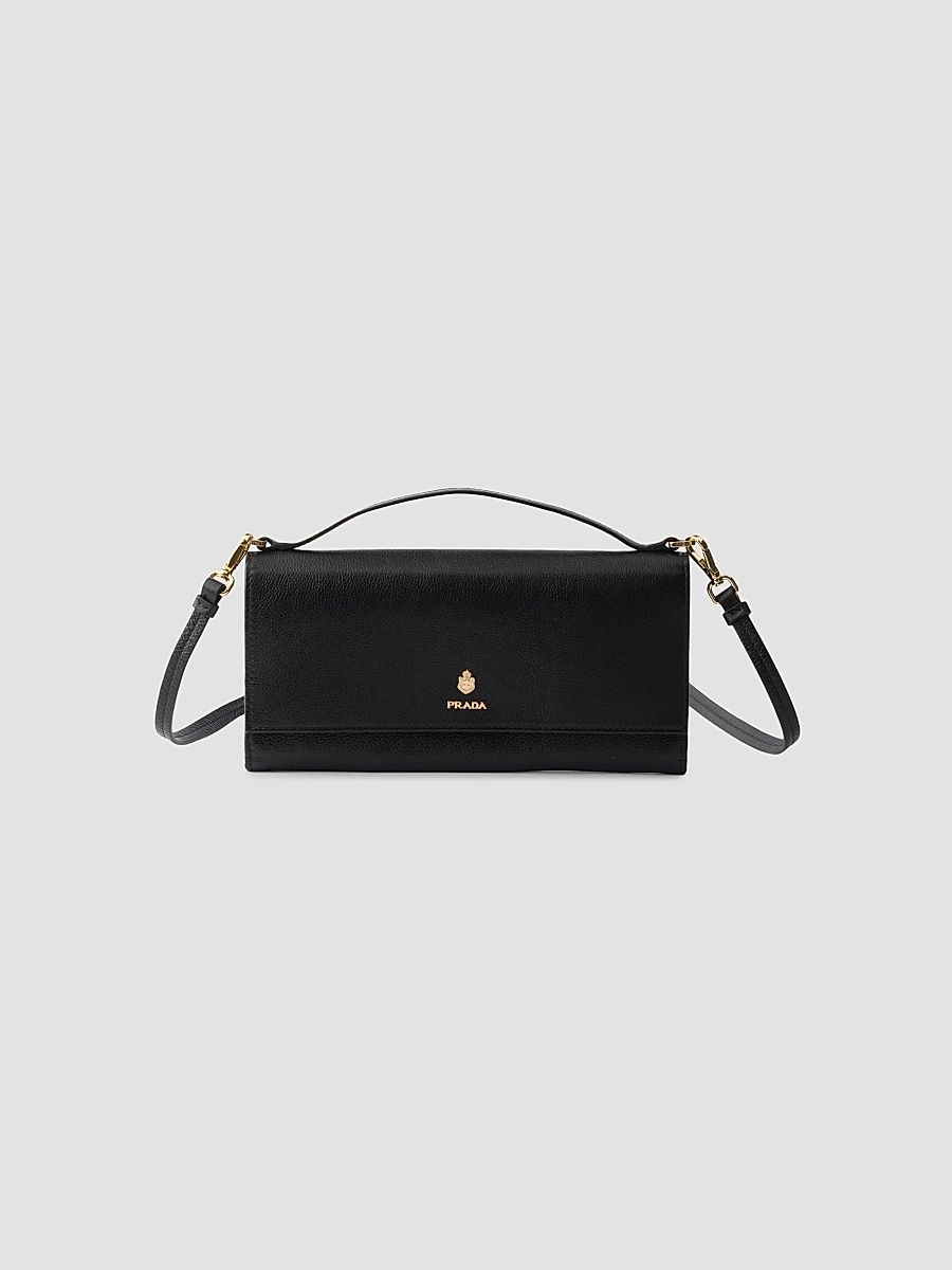 Women's Leather Wallet with Shoulder Strap - Black