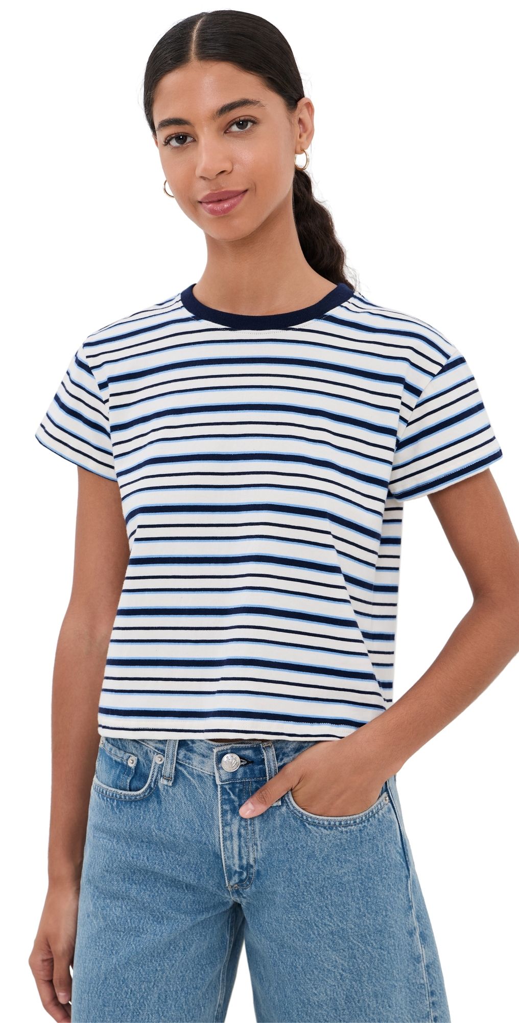 perfectwhitetee Stripe Supima Cotton Tee Navy Pacific Stripe XL