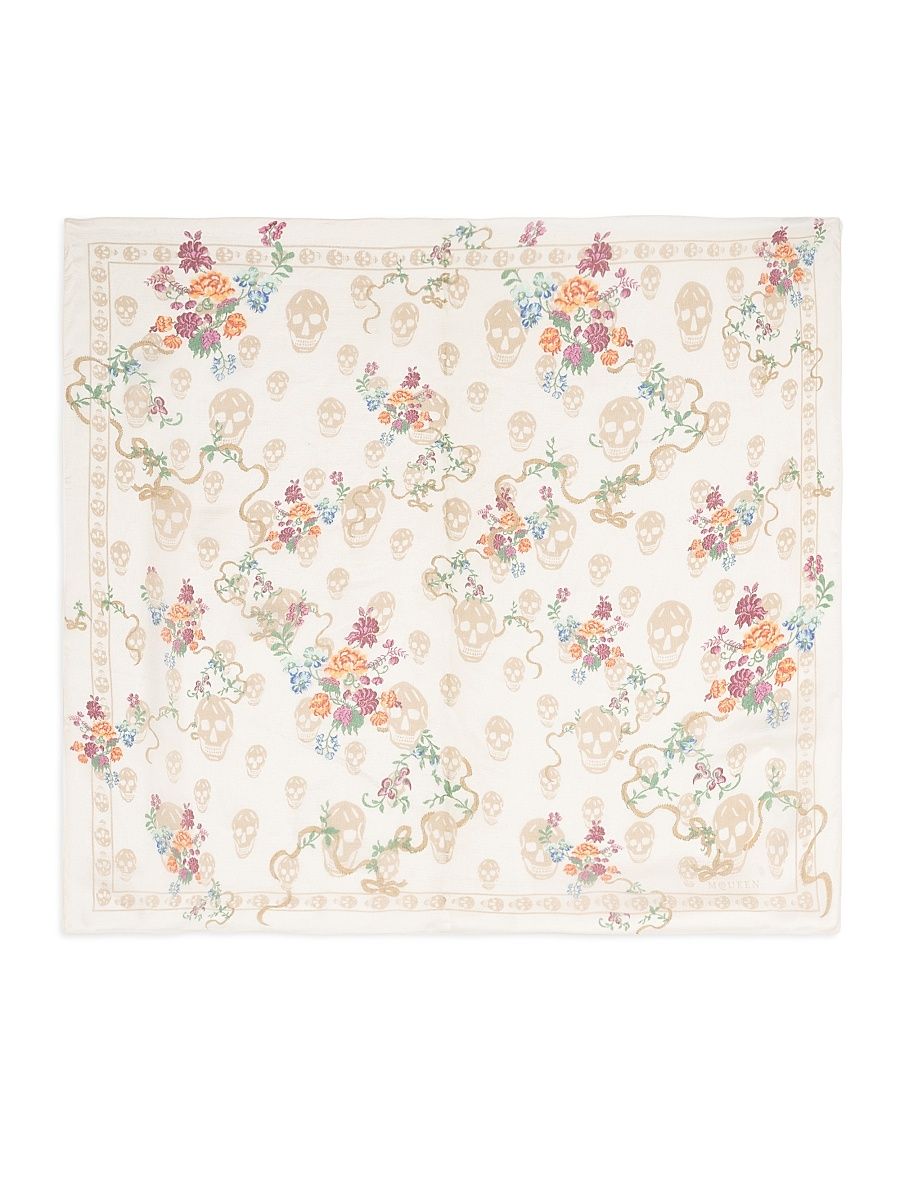 Women's Floral & Skull Silk Scarf - Ivory Beige