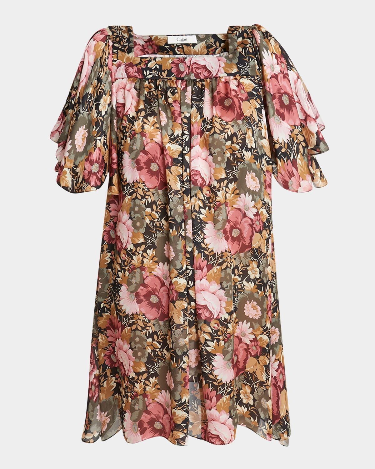 Rose Print Pleated Mini Silk Dress