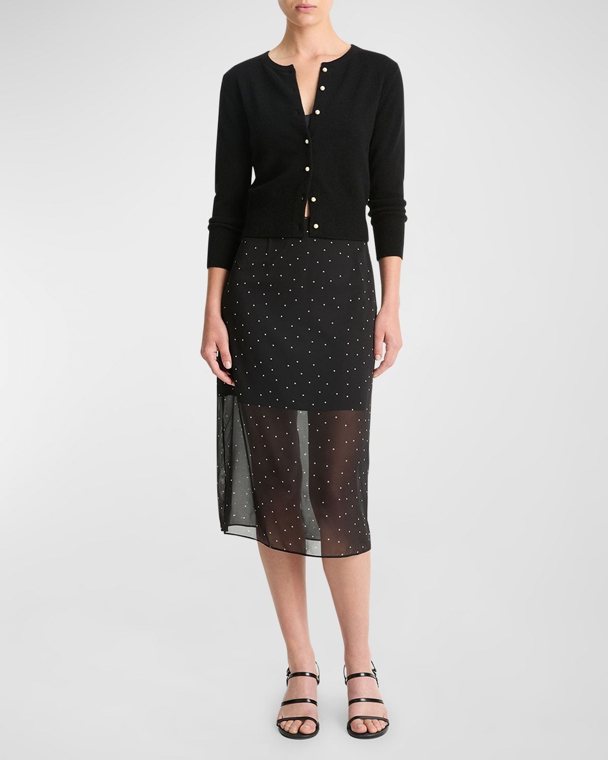 Sheer Dot-Print Overlay Midi Skirt