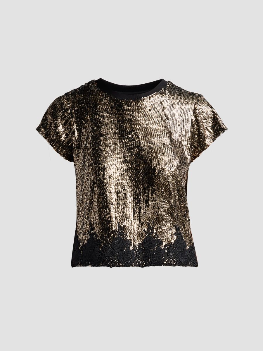 Generation Love Women's Pia Sequined Lace Crewneck Top - Bronze Multi Black - Size XL