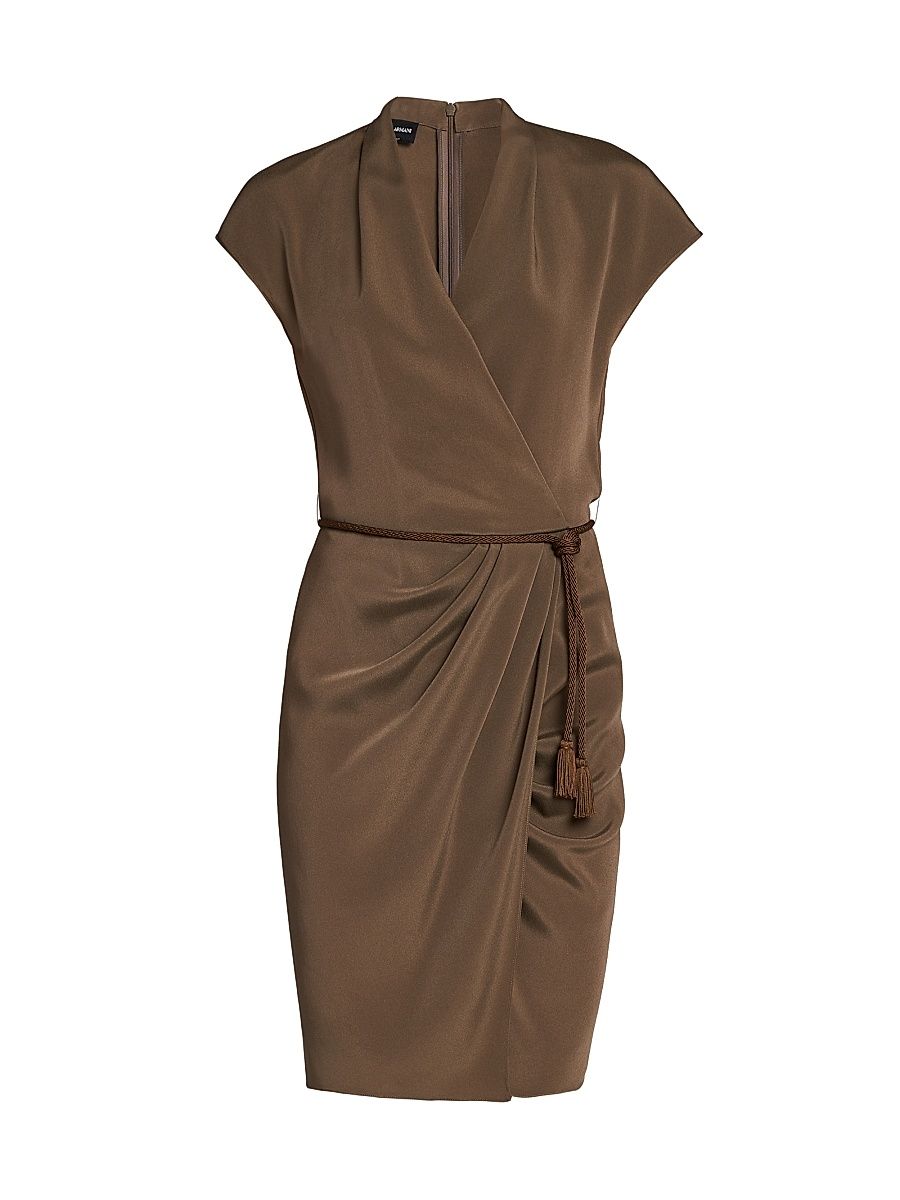 Women's Satin Tassel-Accented Knee-Length Dress - Brown - Size 16