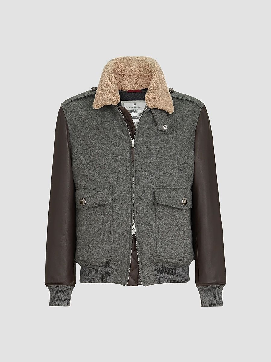 Men's Bonded Cashmere Beaver Cloth and Nappa Leather Bomber Jacket - Medium Grey - Size 44