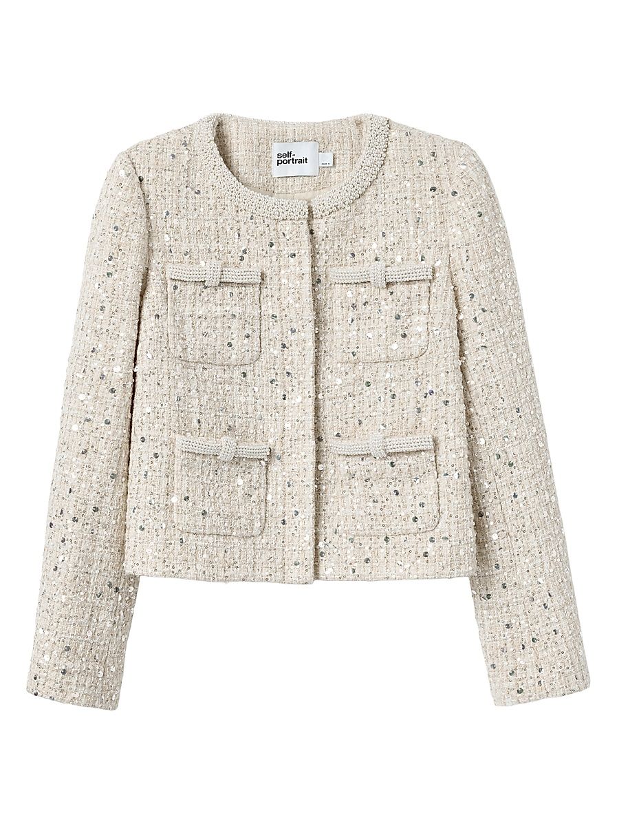 Women's Embellished Bouclé Collarless Jacket - Cream - Size 12