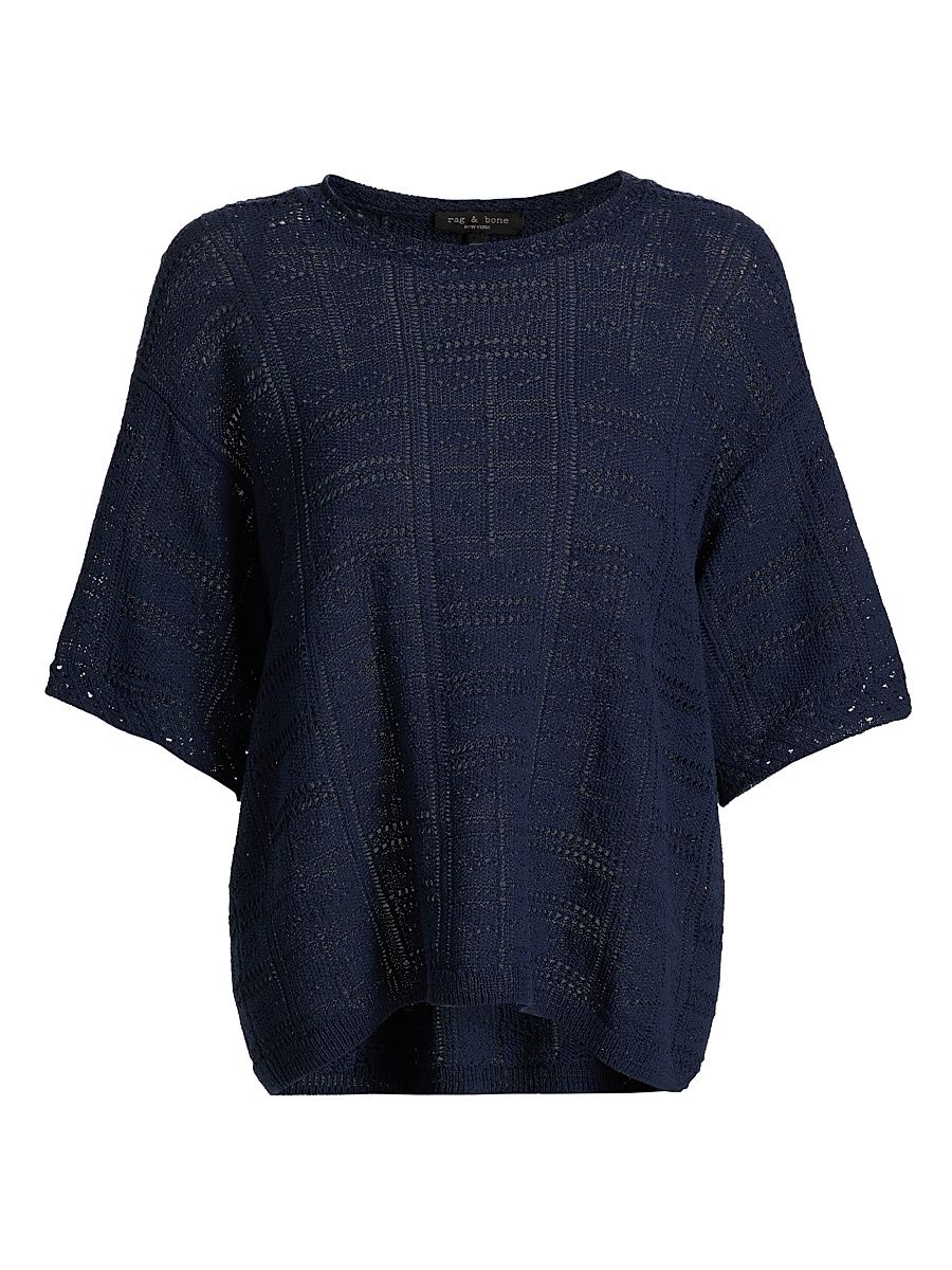 Women's Morgan Open-Knit Cotton-Blend Top - Navy - Size Large
