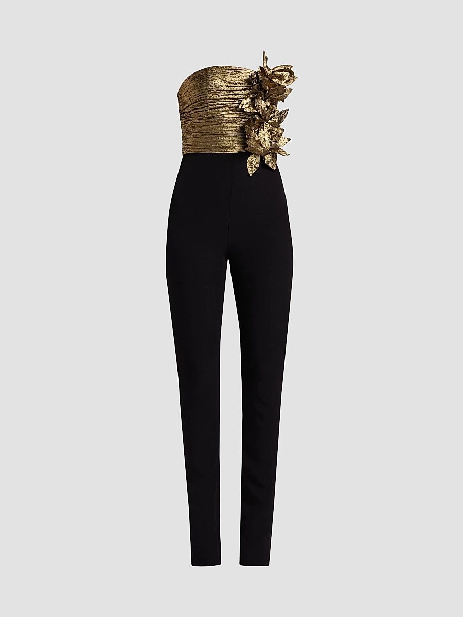 BCBGMAXAZRIA Women's Ruched Strapless Jumpsuit - Gold Black Combo - Size 4