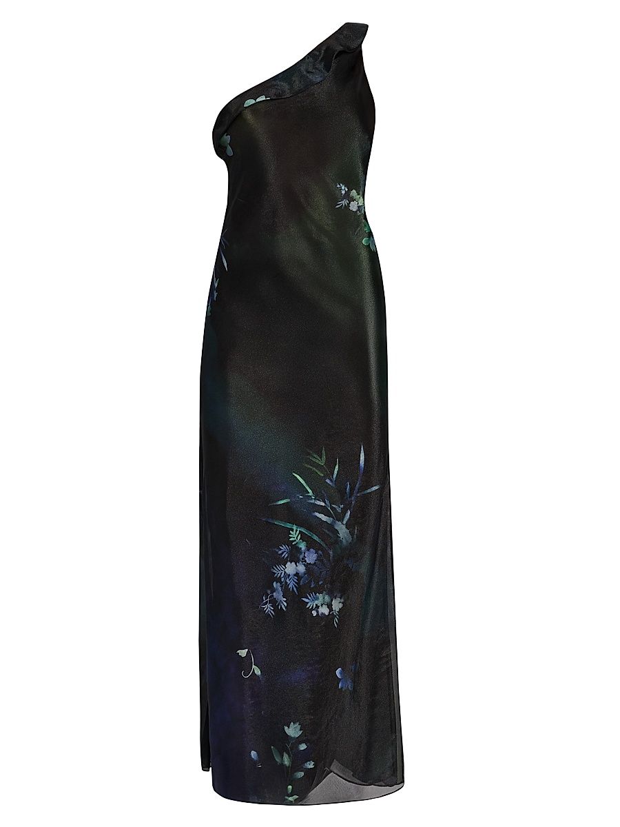 Women's Floral One-Shoulder Sleeveless Dress - Solid Black - Size 12