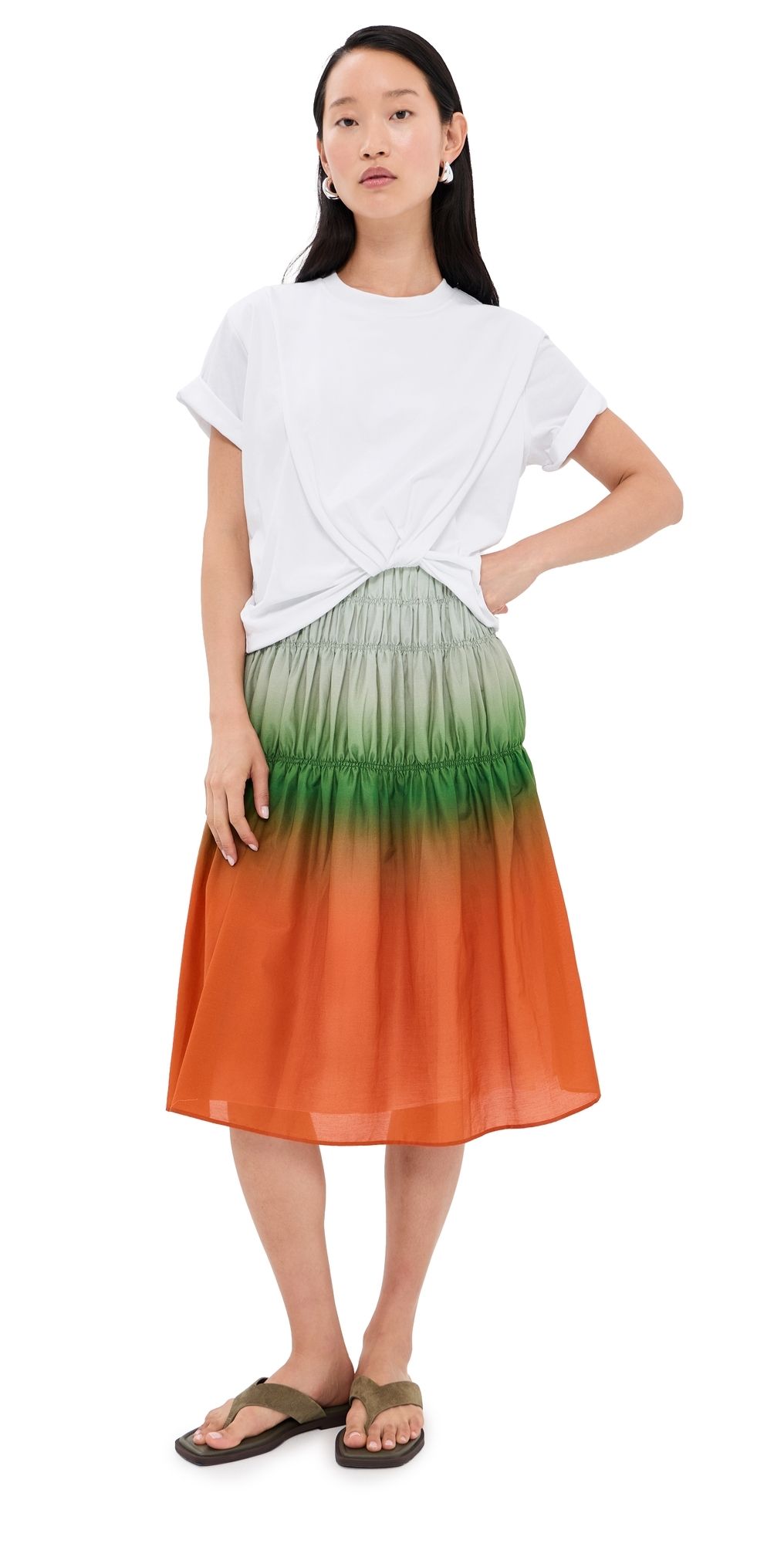 3.1 Phillip Lim T-Shirt Combo Dress with Ombre Voile Skirt White/Flame Multi M