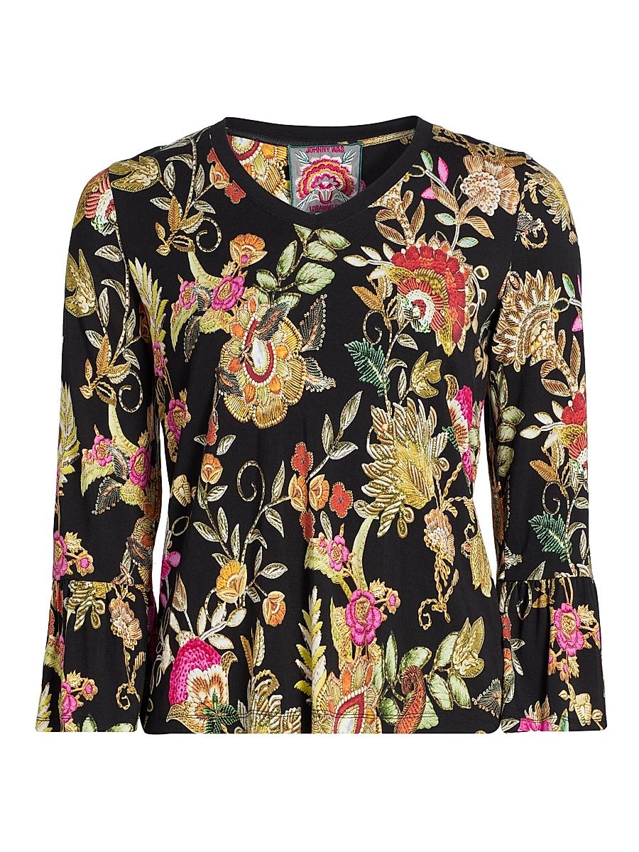 Women's The Janie Favorite Lowri Floral Flute-Sleeve T-Shirt - Lowri Black - Size Large