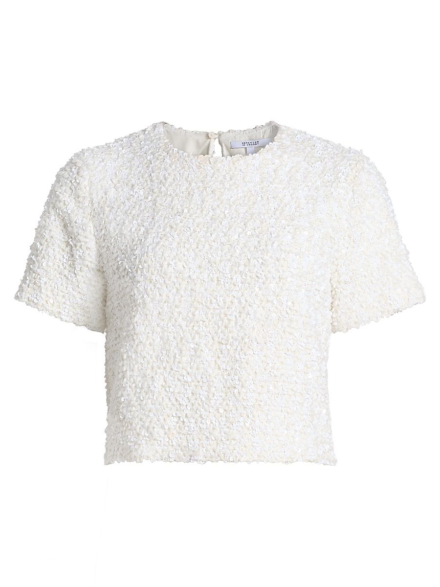 Women's Syrena Paillette Bouclé Boxy Crop T-Shirt - Blanc De Blanc - Size XL