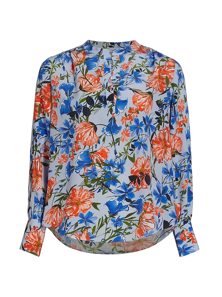 Women's Floral Silk Blouse - Pool Blue Floral Print - Size Small