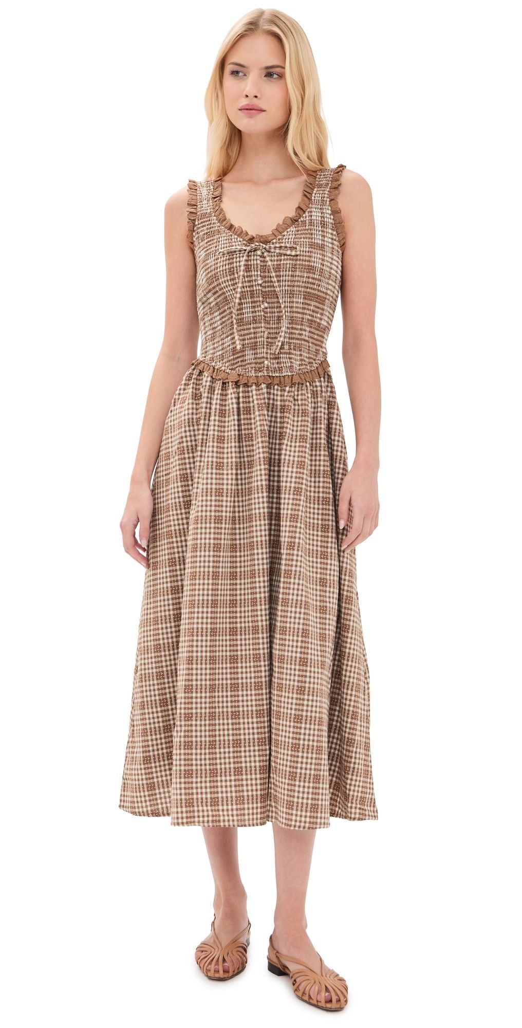 Moon River Smocked Lace Insert Midi Dress Camel Multi L