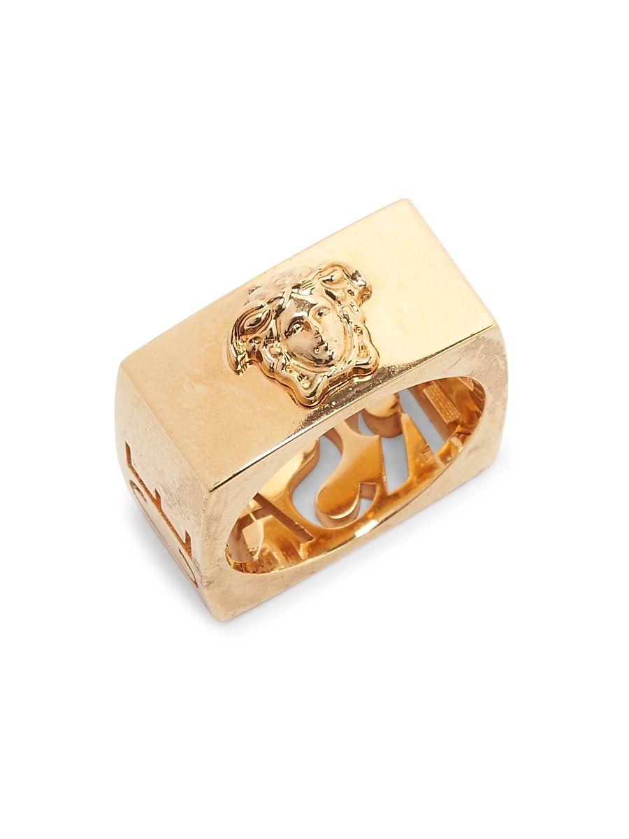 Men's Cut-Out Logo Goldtone Ring - Versace Gold - Size 9