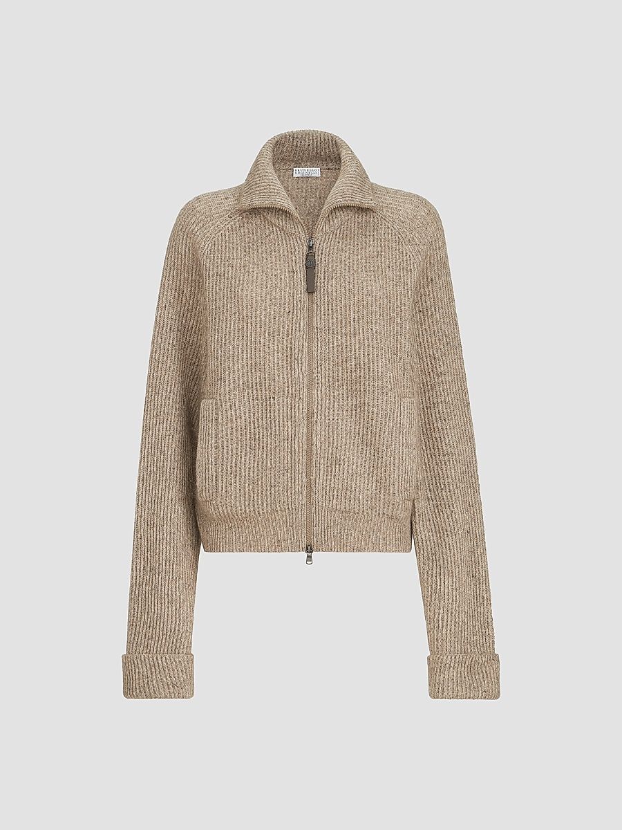 Women's Sparkling Cashmere, Mohair and Wool Ribbed Cardigan with Shiny Zipper Pull - Light Brown - Size Small