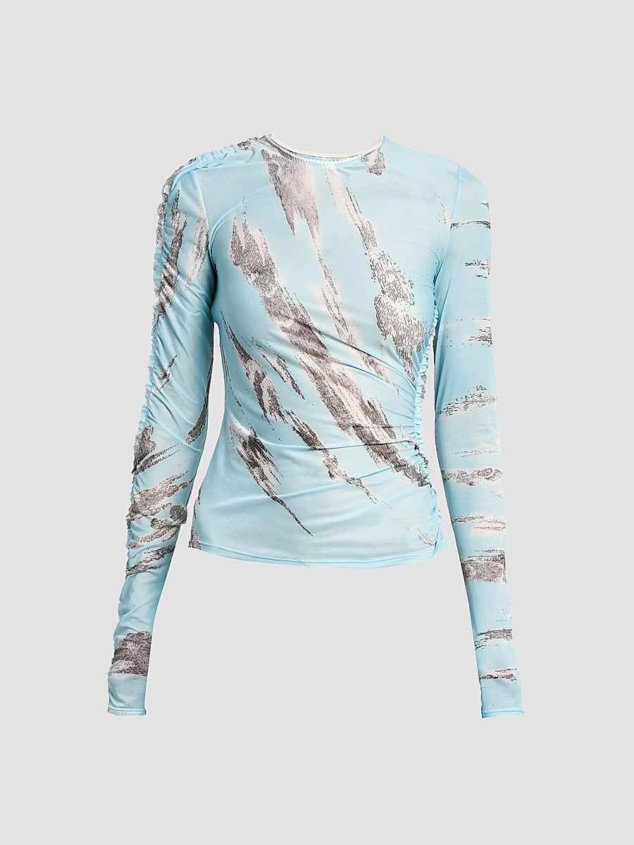 Women's Slashed Print Tulle Top - Multi Light Blue - Size 2