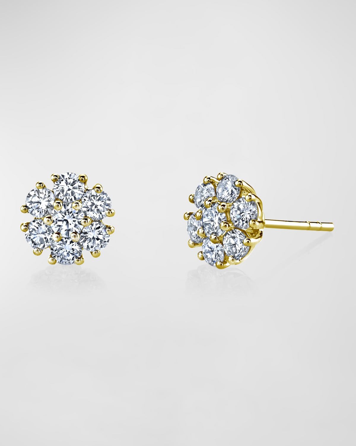 18K Gold Round Diamond Flower Stud Earrings, 1tcw, 0.31"L / 0.31"W