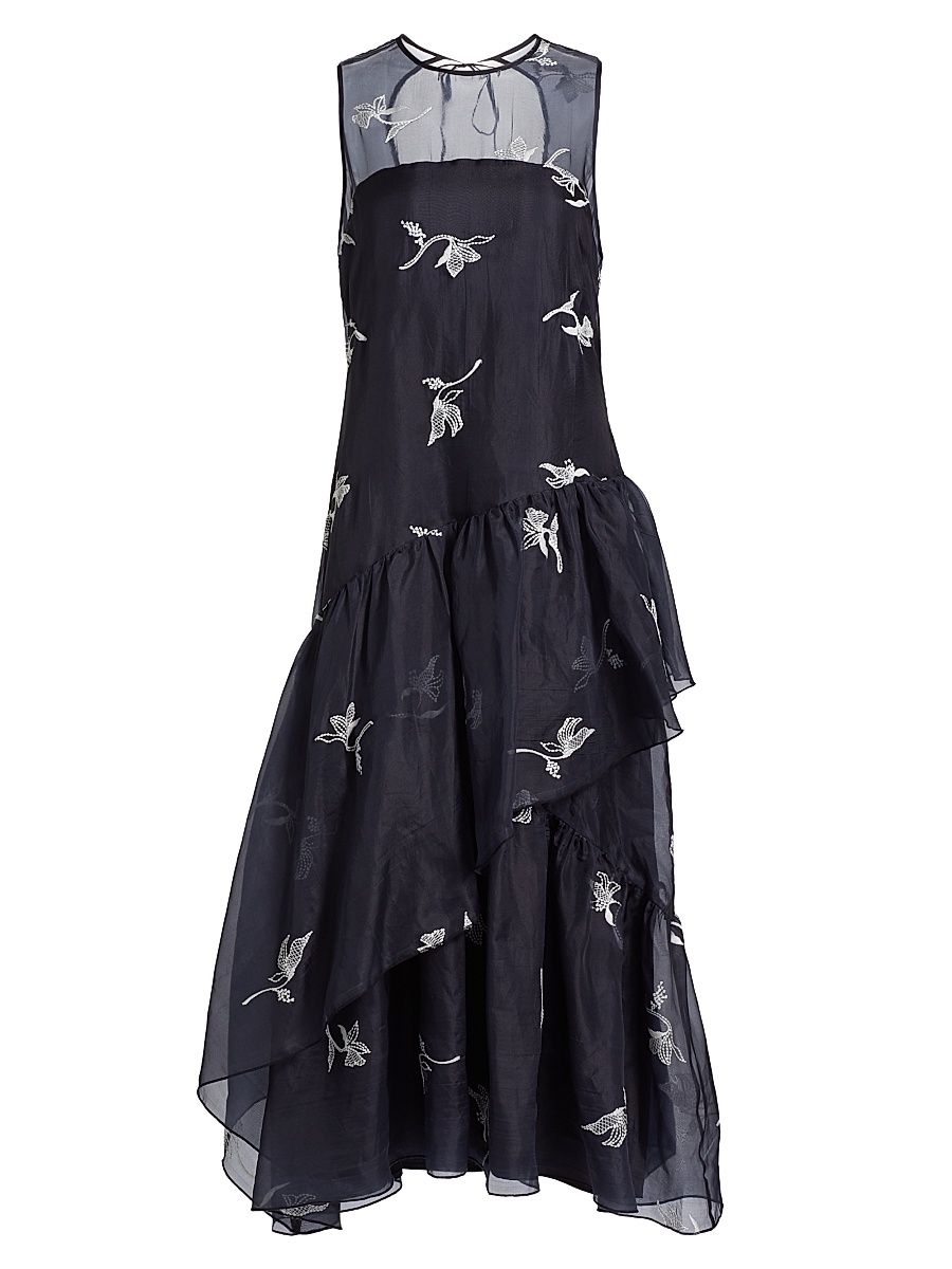 Women's Roberta Embroidered Ruffle Silk Midi-Dress - Navy Ivory - Size 14