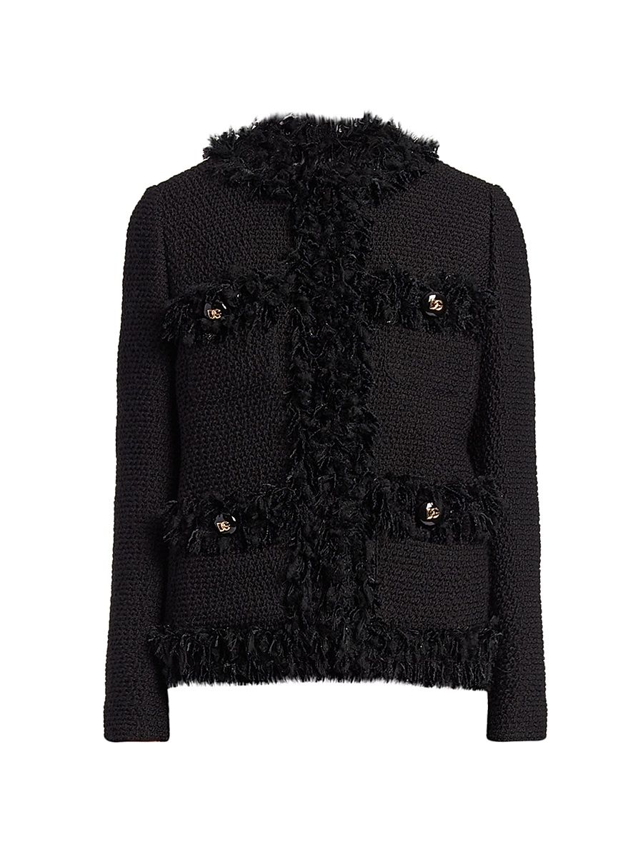 Women's Boucle Knit Fringe Trim Jacket - Nero - Size 12