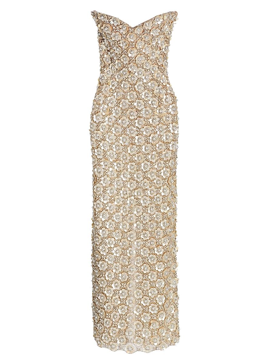 Women's Mother-of-Pearl & Crystal-Embroidered Strapless Gown - Silver - Size 10