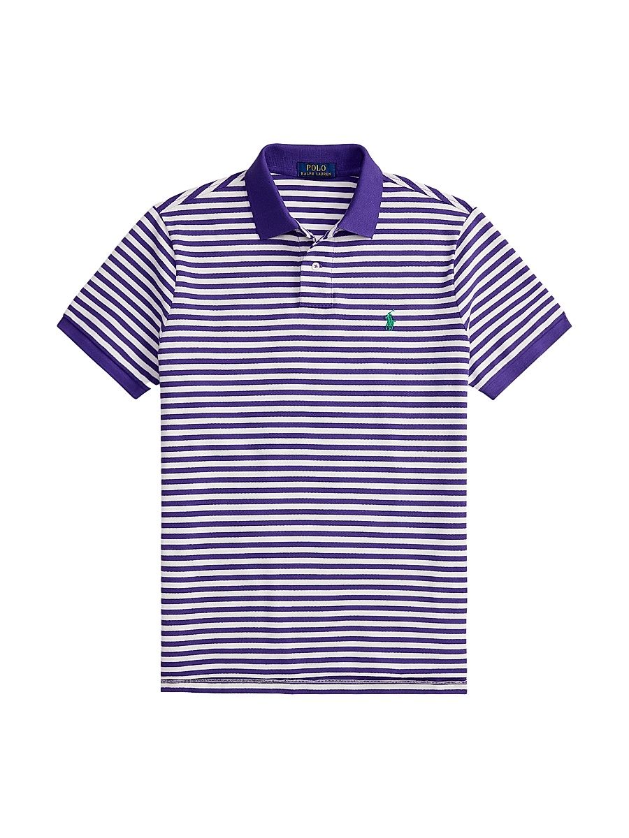 Men's Striped Logo Mesh Cotton Polo Shirt - Cabana Purple White - Size Small