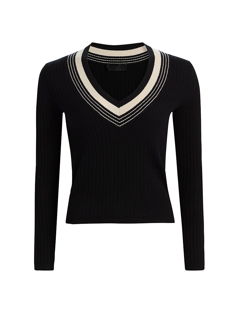 Women's Aziel Striped Cashmere V-Neck Sweater - Black Ivory - Size XL