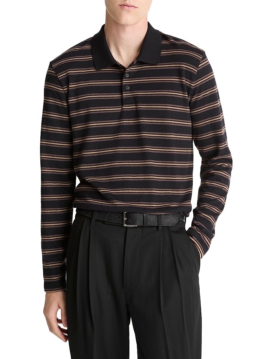 Men's Striped Jersey Long-Sleeve Polo Shirt - Black Combo - Size XXL