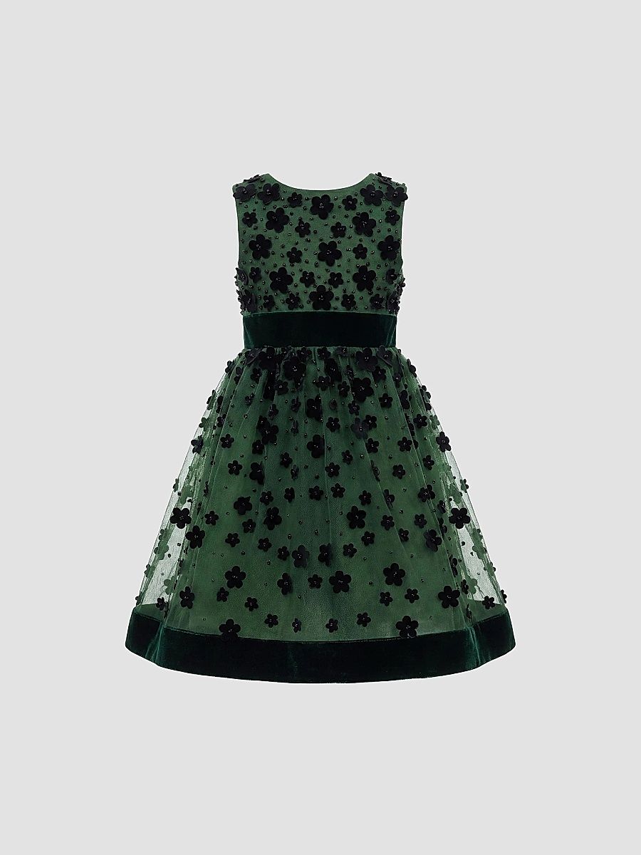 Mac Duggal Girl's Little Girl's & Girl's Beaded Mesh Velvet-Trimmed A-Line Dress - Olive - Size 14