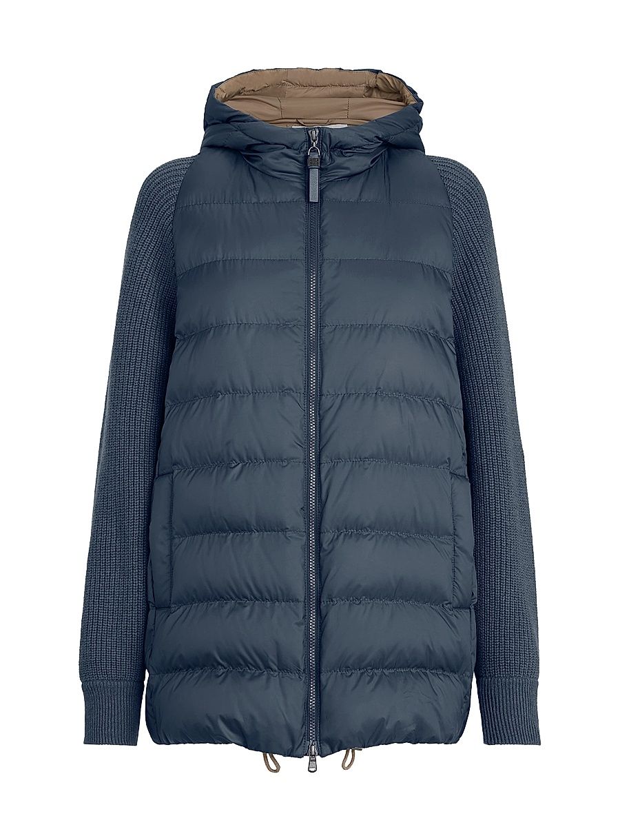 Women's Hooded Down Jacket with Virgin Wool Cashmere and Silk Knit Sleeves - Blue - Size 4