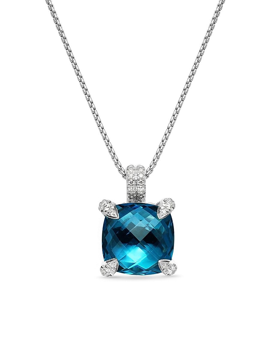 Women's Chatelaine Pendant Necklace in Sterling Silver - Blue Topaz - Size 18