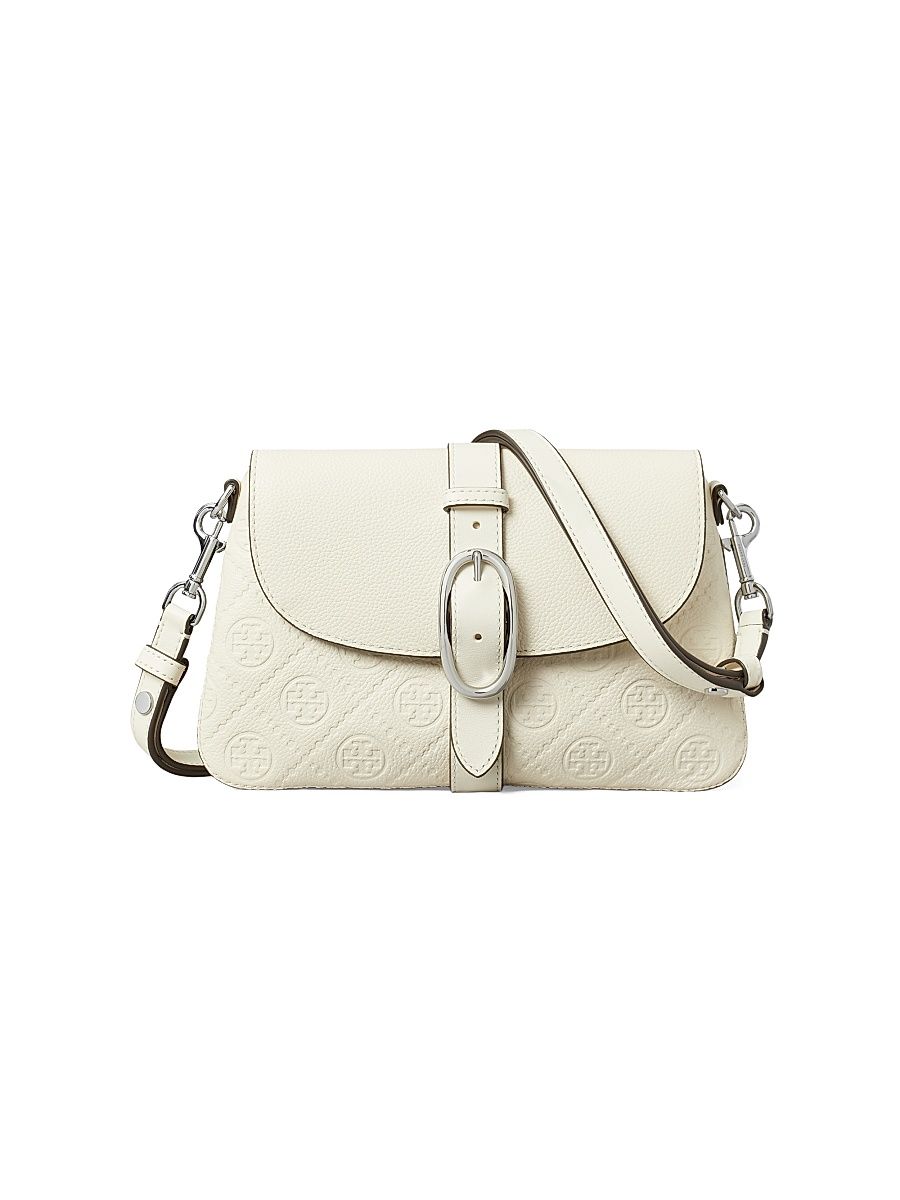 Women's T Monogram Pebbled Leather Shoulder Bag - Warm White