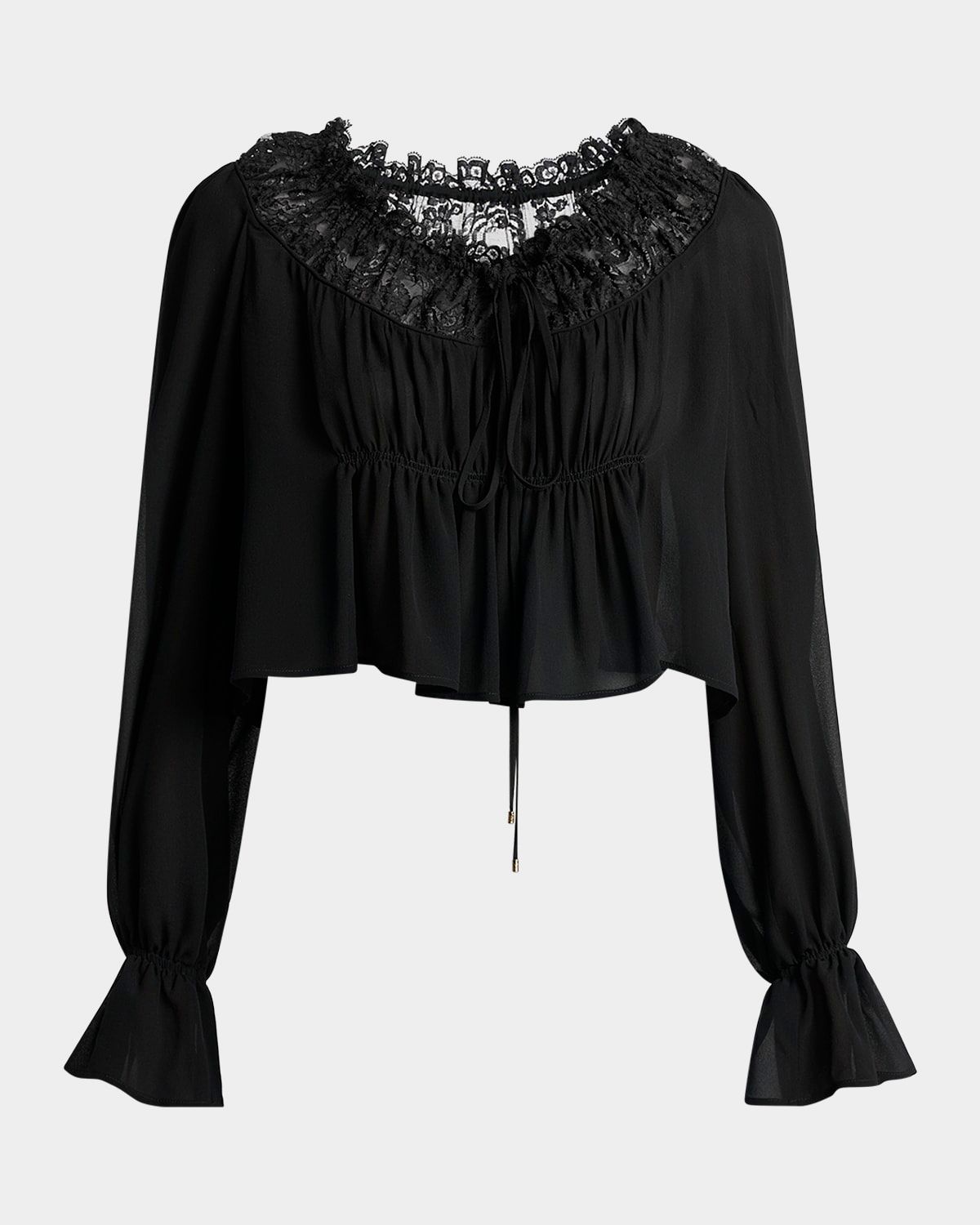 Ruched Lace Silk Peasant Blouse