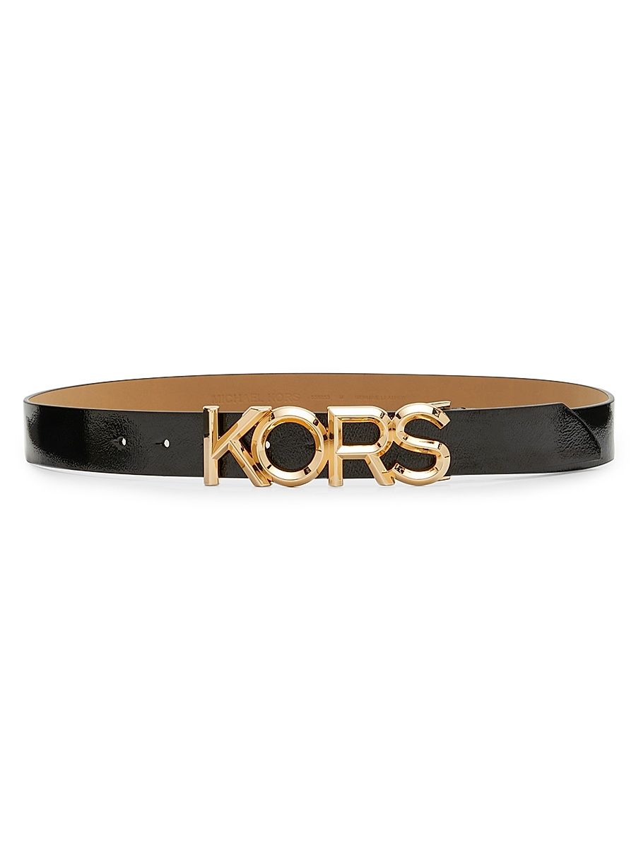 Women's KORS Logo Buckle Patent Leather Belt - Black - Size XS