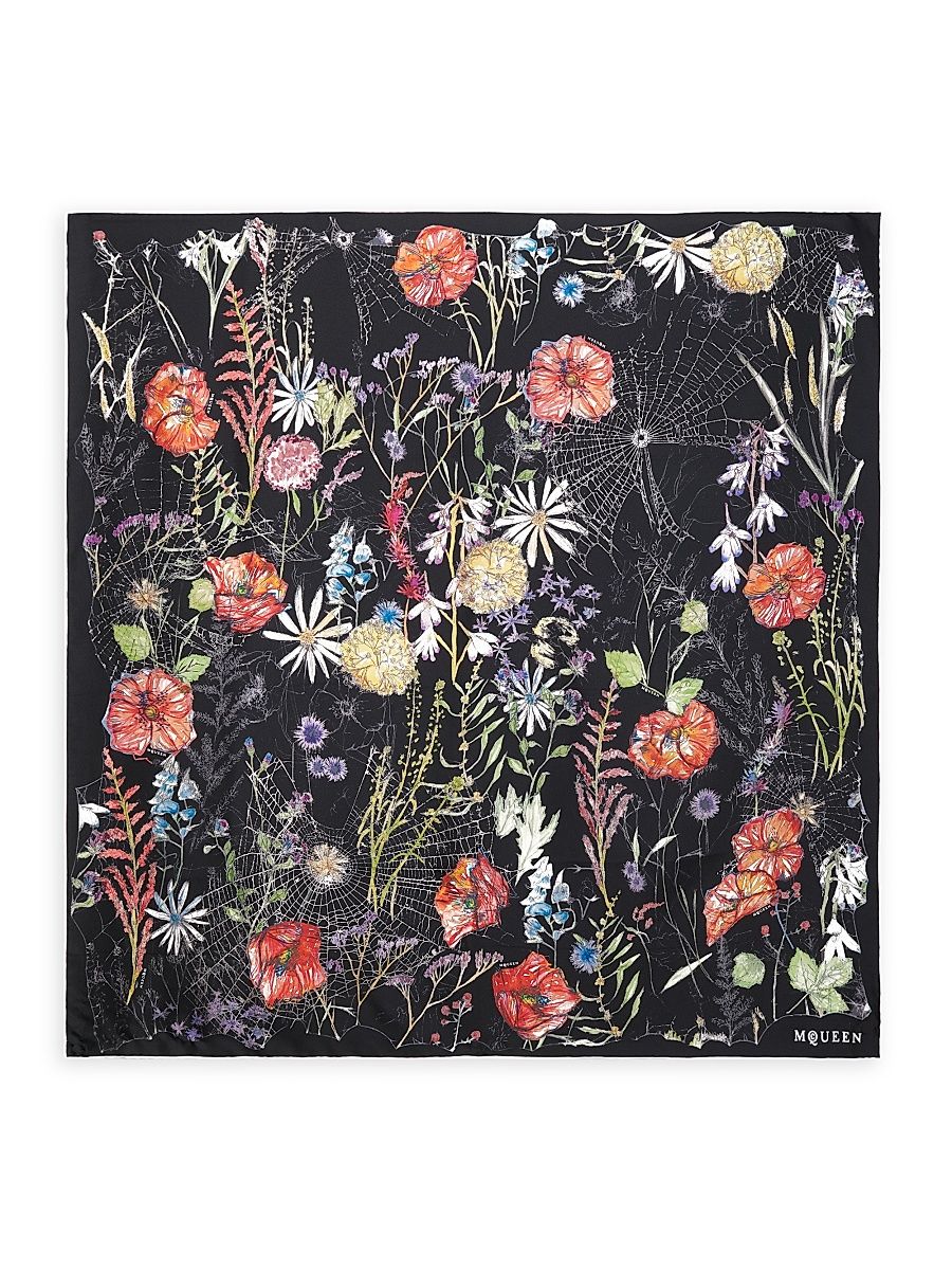 Women's Floral Spider Silk Square Scarf - Black Ivory