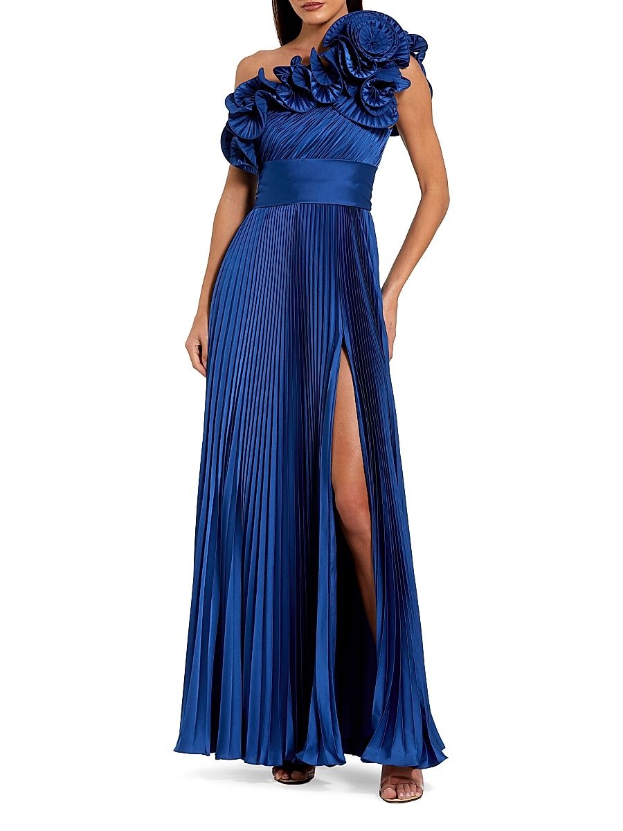 Women's Pleated Charmeuse Ruffle One-Shoulder A-Line Gown - Cobalt - Size 14