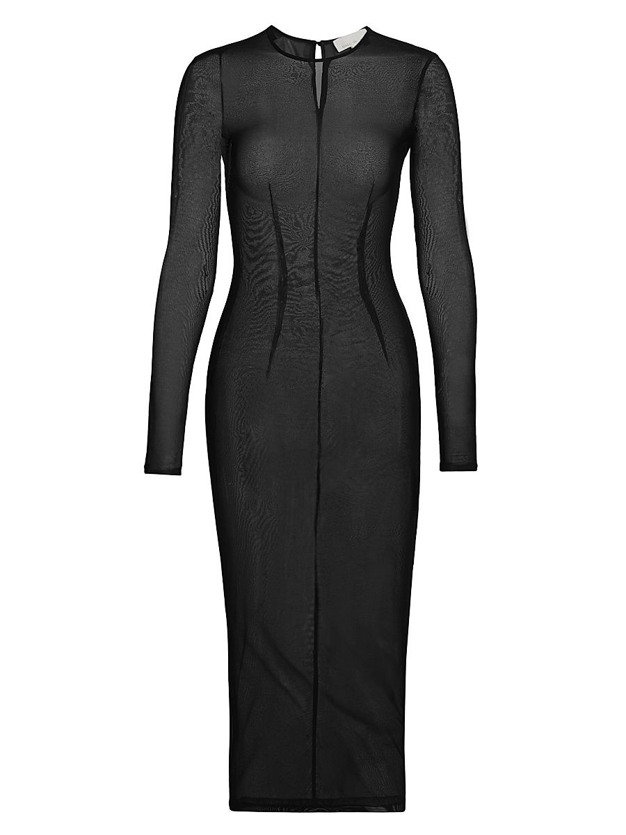 Women's Mesh Long-Sleeve Midi-Dress - Black - Size Large