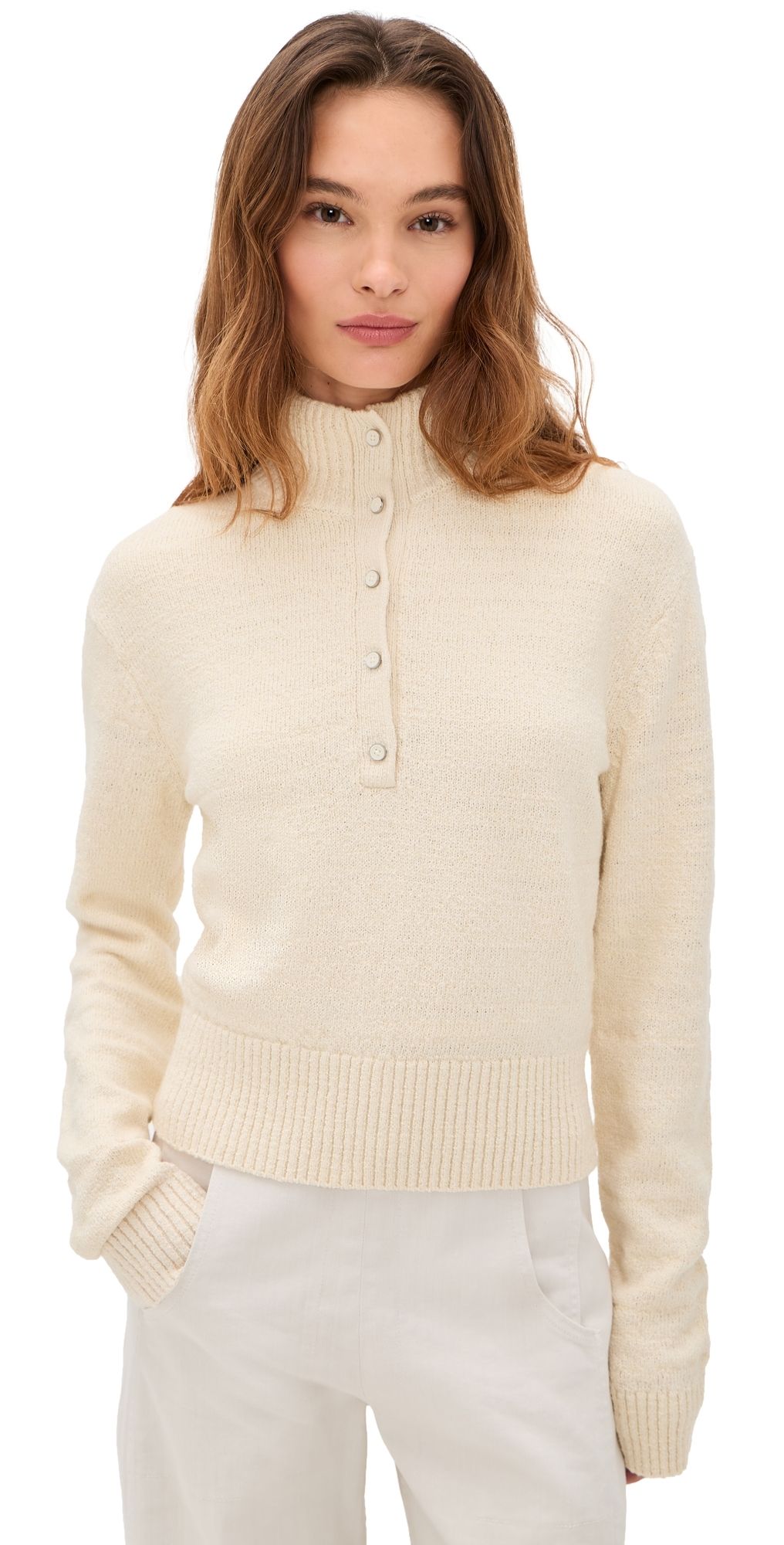 Helmut Lang Slub Button Mock Neck Pullover Natural XL