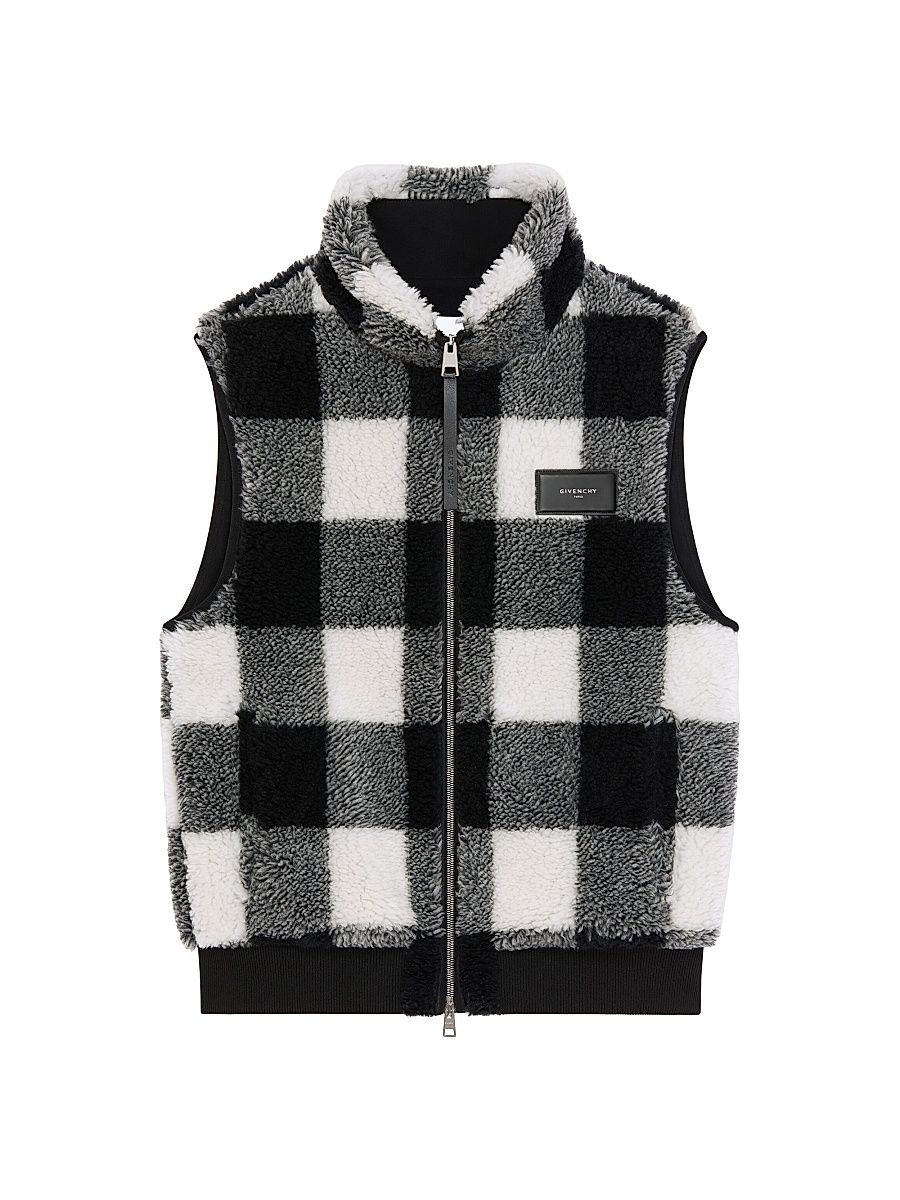 Men's Checked Sleeveless Fleece Jacket - Black White - Size 36