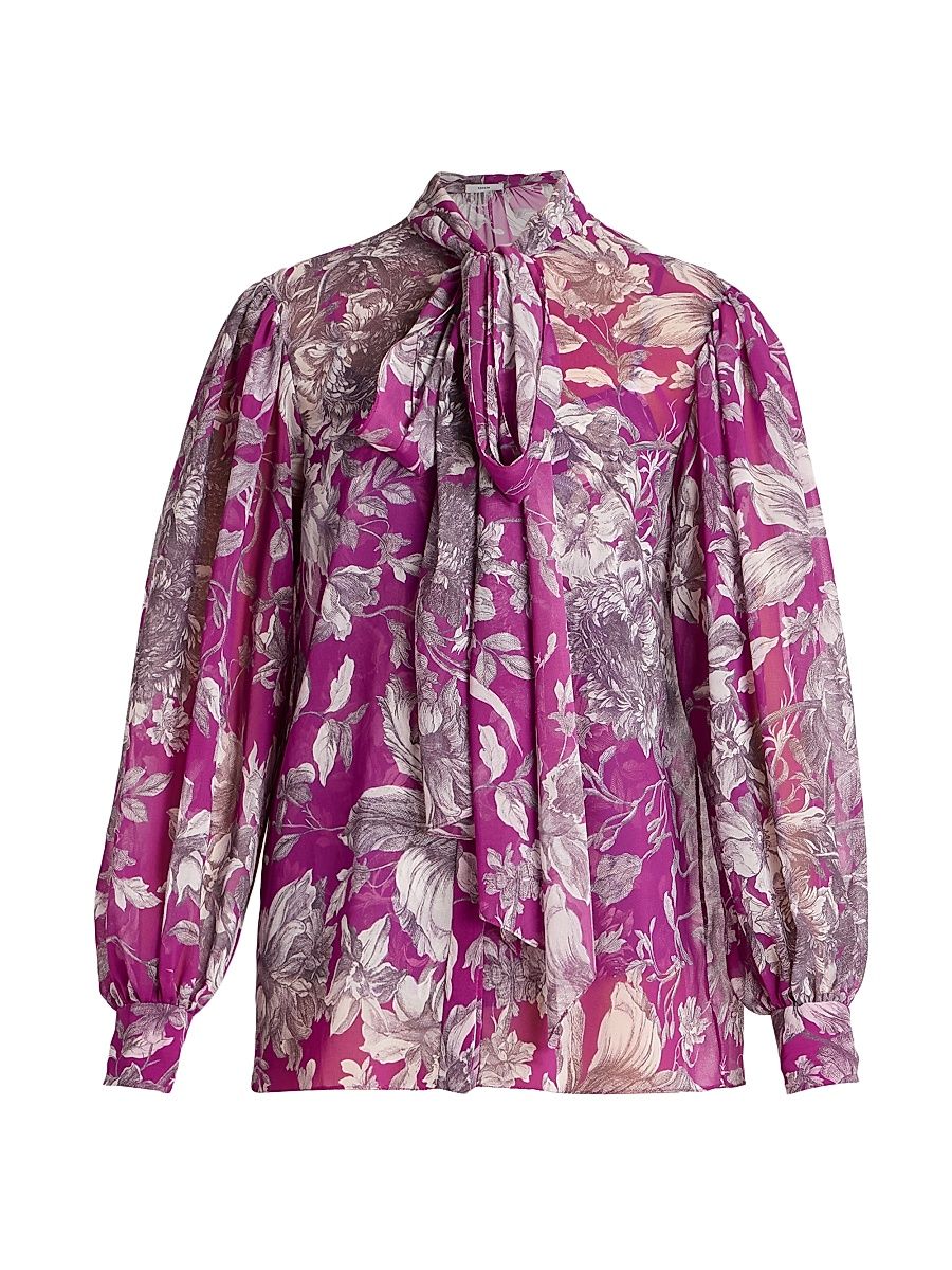 Women's Floral Tie-Neck Blouse - Purple White - Size 2