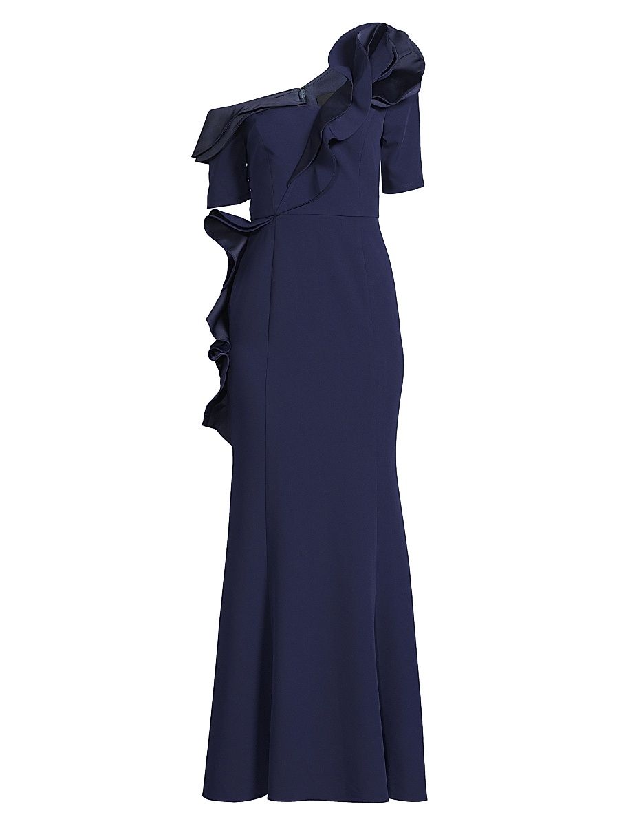 Women's Ruffle Crepe One-Shoulder Gown - Blue - Size 16