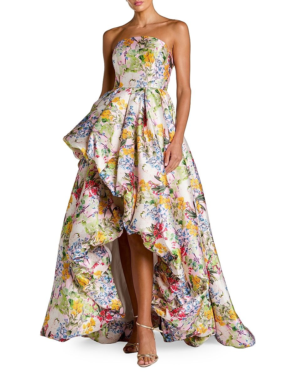 Women's Floral Mikado Strapless High-Low Bubble Hem Gown - Pastel Multi - Size 10