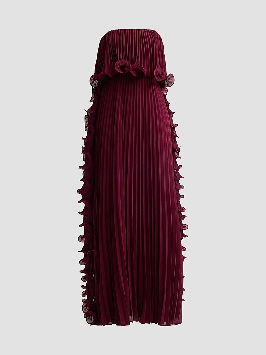 Badgley Mischka Women's Ruffle Pleated Chiffon Strapless Gown - Wine - Size 12