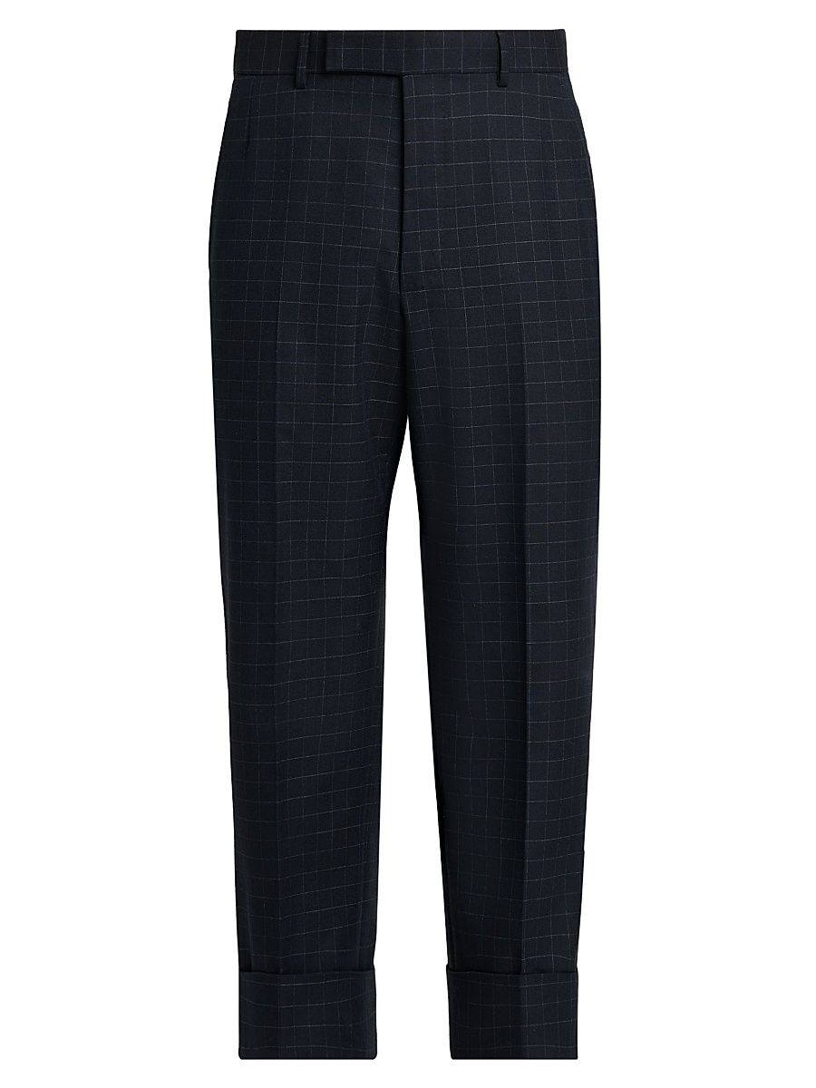 Men's Windowpane Check Cotton-Wool Suiting Trousers - Navy - Size XL