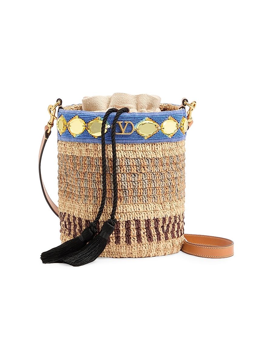 Women's Small Embroidered Bucket Bag in Raffia - Natural