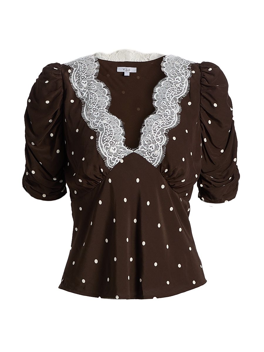 Women's Lazara Lace-Trim Polka Dot Blouse - Cocoa Polka Dots - Size Large