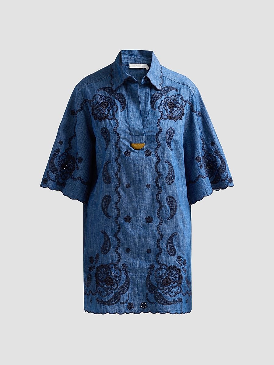 Women's Aster Embroidered Denim Mini Dress - Railway Blue - Size 10