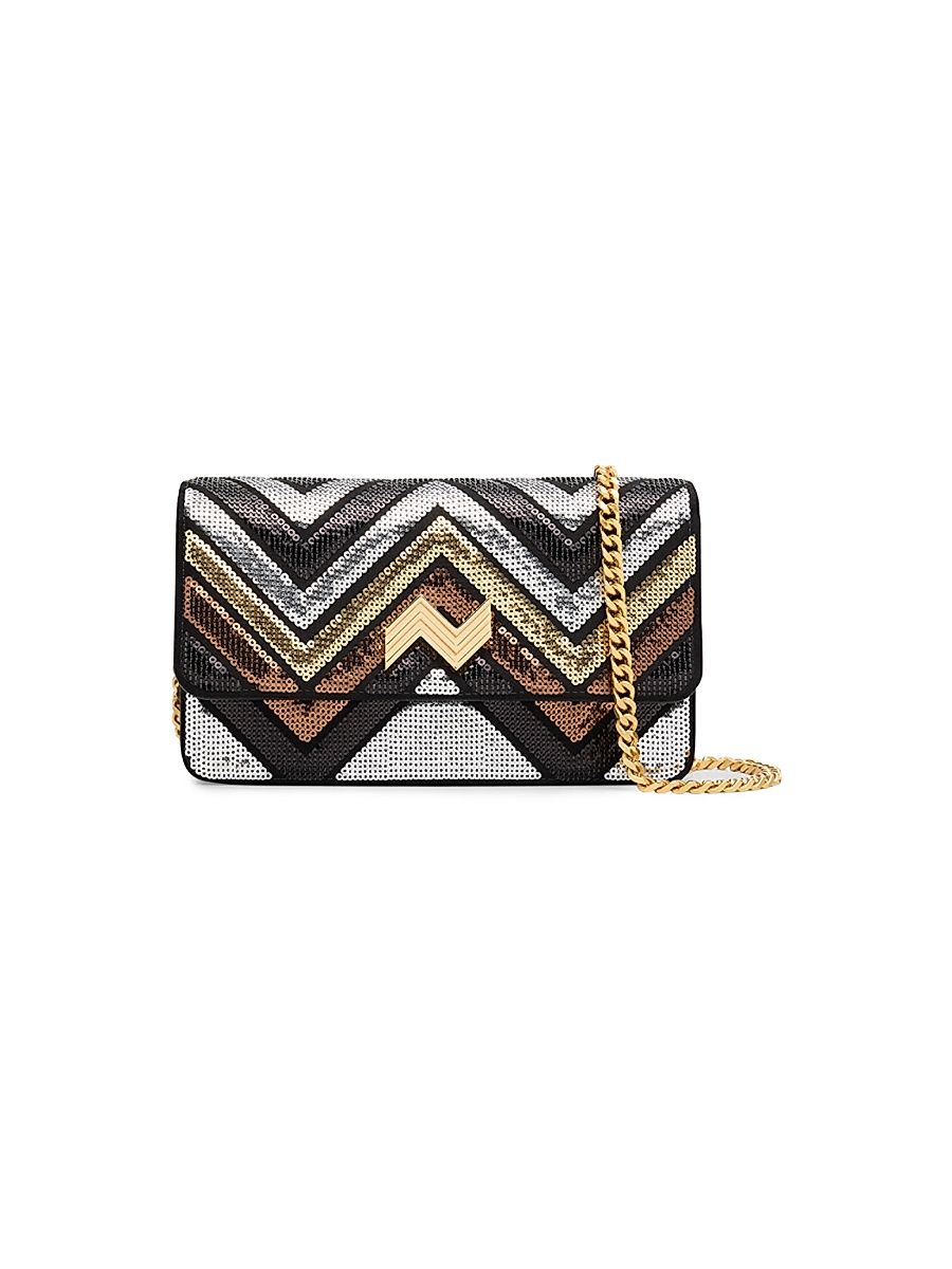 Women's Small Wave Sequin-Embellished Leather Wallet-On-Chain Bag - Black Multi